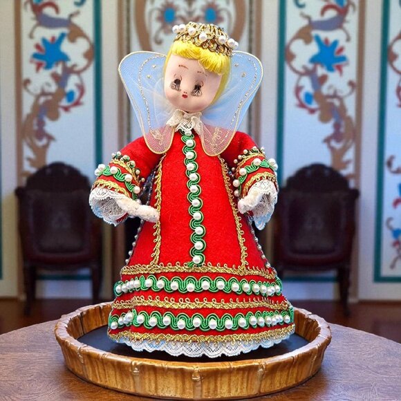 Vintage 1960s Angel Tree Topper Red Felt Dress Gold Trim Pearls Yellow Hair 9" - Picture 1 of 11